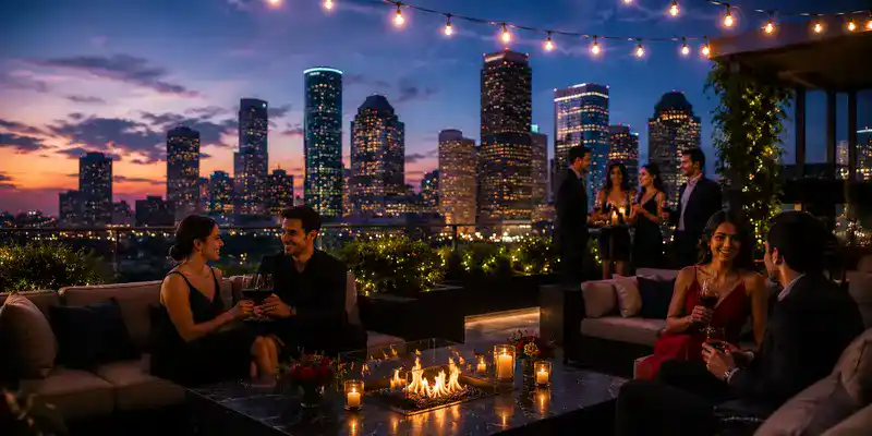 Couples and friends enjoying a romantic rooftop evening with skyline views, candlelight, and elegant dining during a luxury Houston staycation.